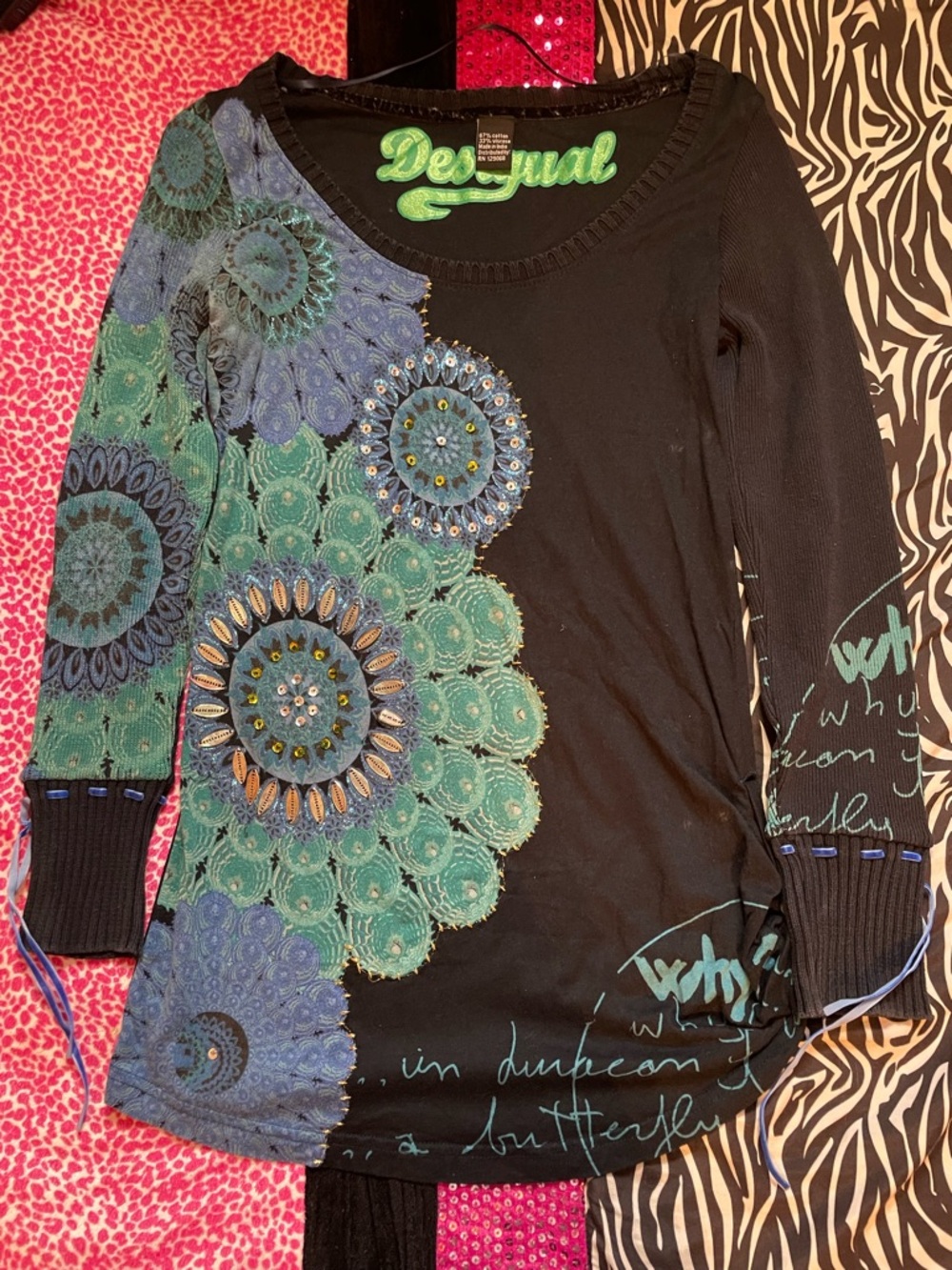 Desigual Women's Black & Teal trippy Long Sleeve Top